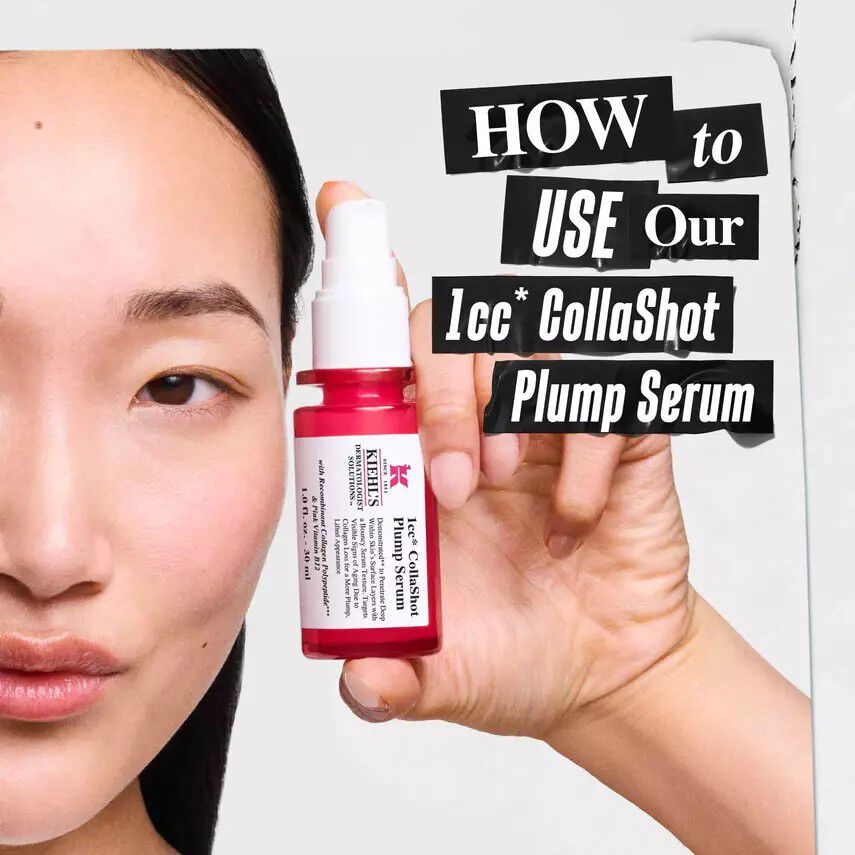 A model holding a red bottle of Kiehl's Hydro-Plumping Serum. Text reads: "HOW to USE Our 1cc CollaShot Plump Serum," focusing on product application guidance.