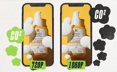 Kiehl’s serum infographic comparing lower CO2 impact of 720p versus higher 1080p streaming on smartphones, promoting digital sustainability.