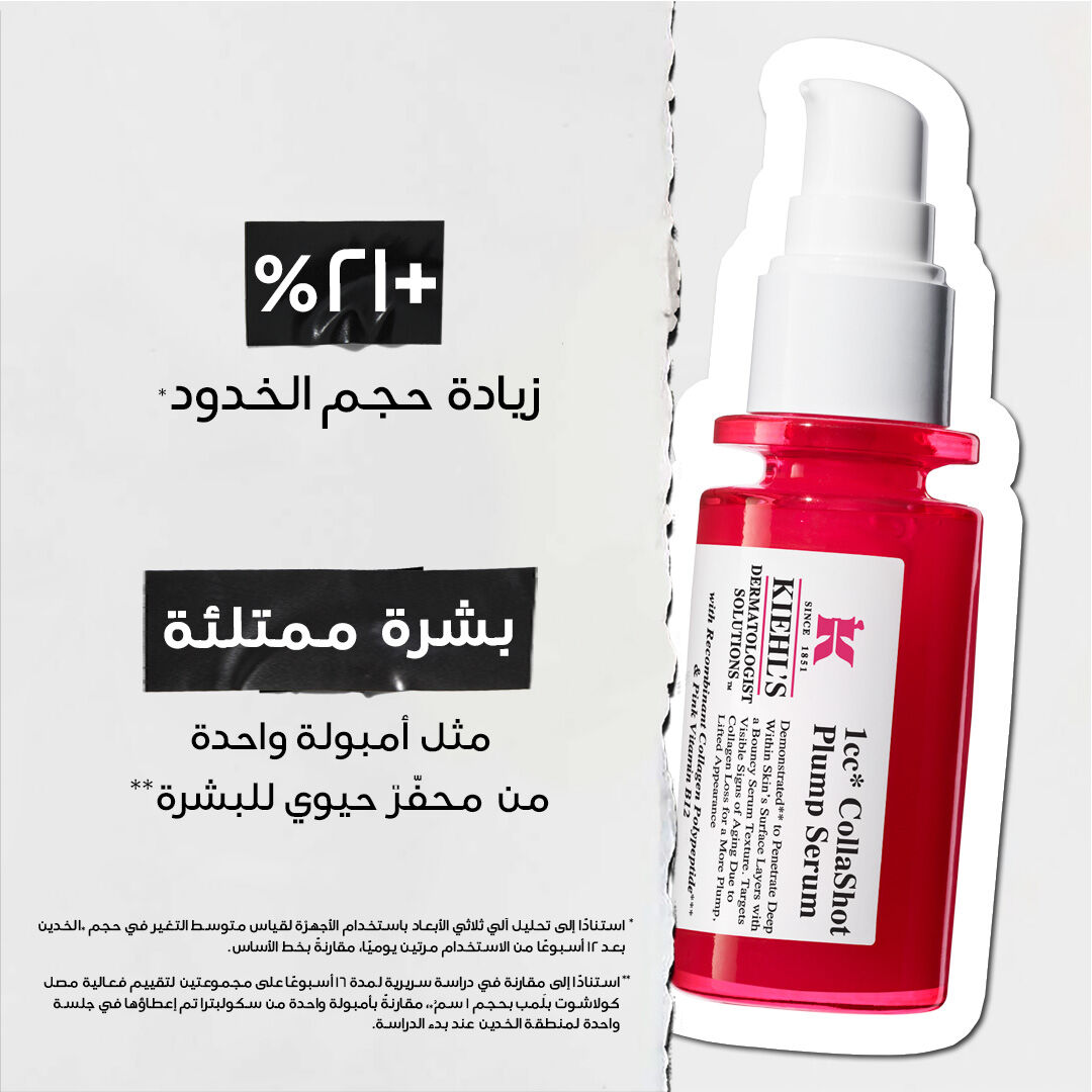 Promotional image for Kiehl’s red Hydro-Plumping Serum. Text highlights consumer study results: "90% AGREE SKIN LOOKS PLUMPER" and "93% AGREE SKIN LOOKS FIRMER." Focus is on product efficacy.​