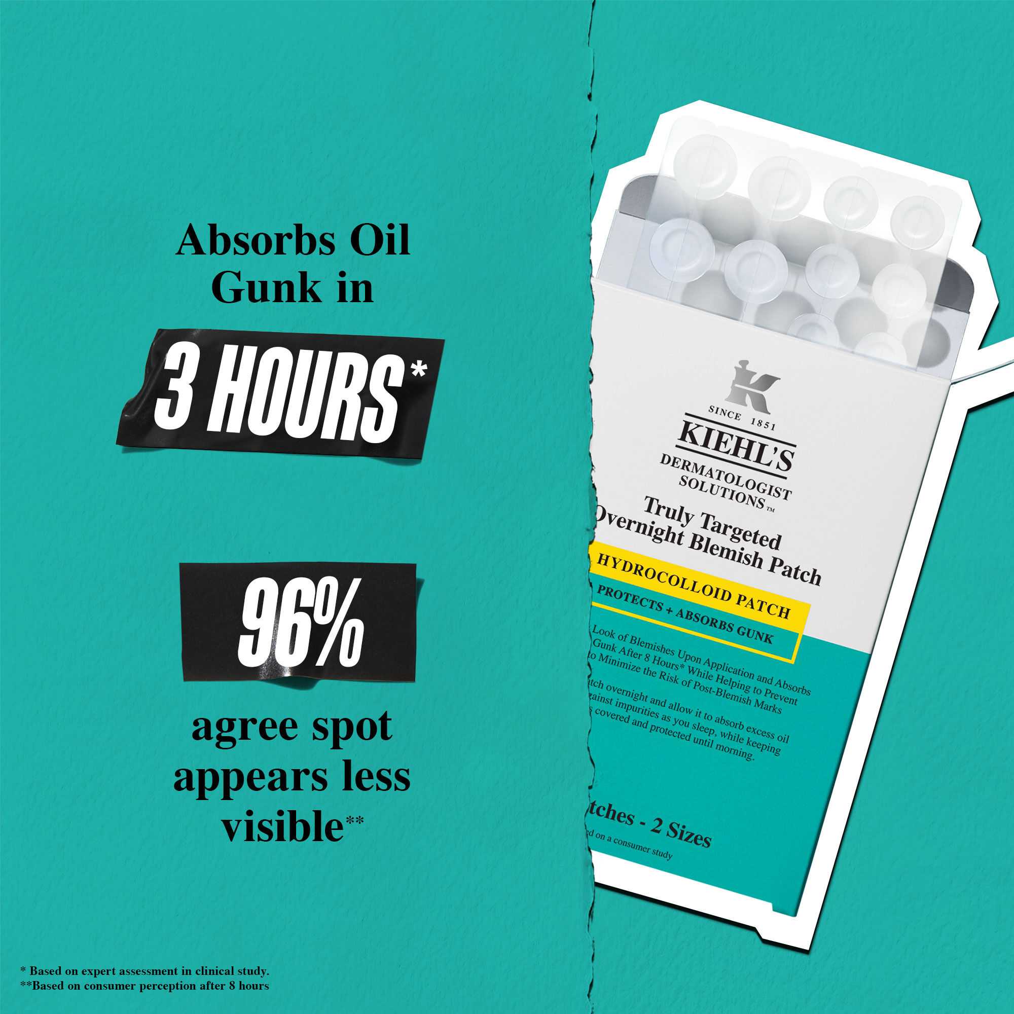 Kiehl's Truly Targeted Overnight Blemish Patch, highlighting its ability to absorb oil in 3 hours and reduce pimple volume by 36% after 8 hours.