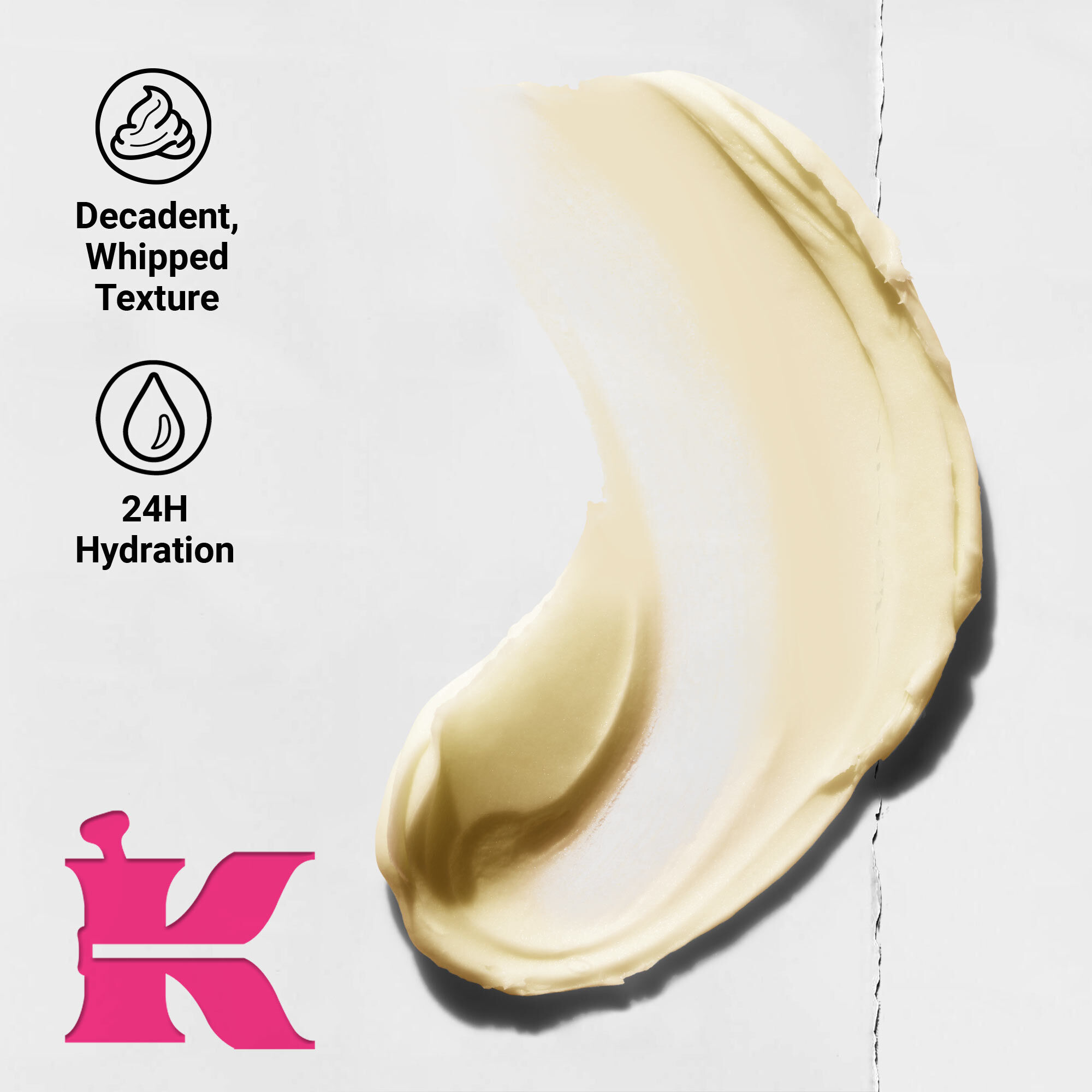 Cream swipe for Kiehl’s Milk Bar Creme de Corps Whipped Body Butter, with promotional text highlighting a dewy whipped texture and 24-hour hydration, plus pink Kiehl’s logo.​