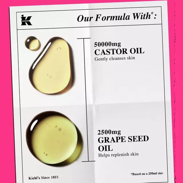 Kiehl's product ingredient chart detailing "50000mg Castor Oil" to gently cleanse skin and "2500mg Grape Seed Oil" to help replenish skin.​