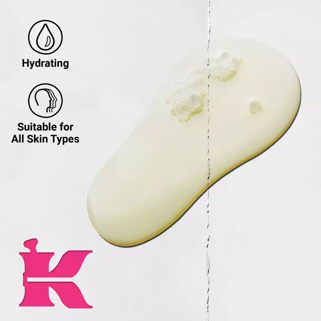A puddle of Kiehl's hydrating cleanser with suds, labeled as hydrating and suitable for all skin types, featuring the pink Kiehl's logo.​