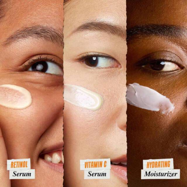 Retinol, Serum, and Moisturizer swatches on three different skin tones​