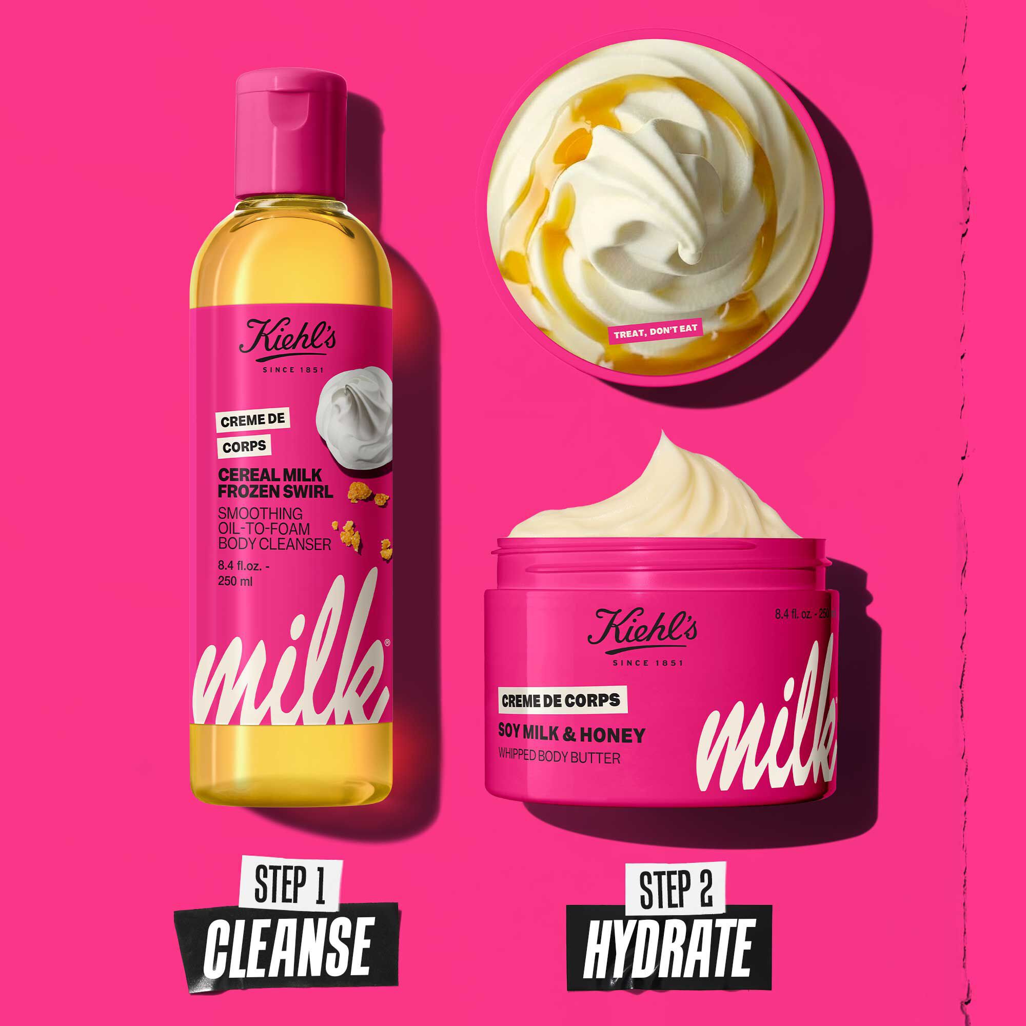 Two Kiehl’s limited-edition pink skincare products shown with cream texture: Rare Earth Deep Pore Cleansing Mask and Milk Bar Creme de Corps Whipped Body Butter, labeled step 1 cleanse and step 2 hydrate.​