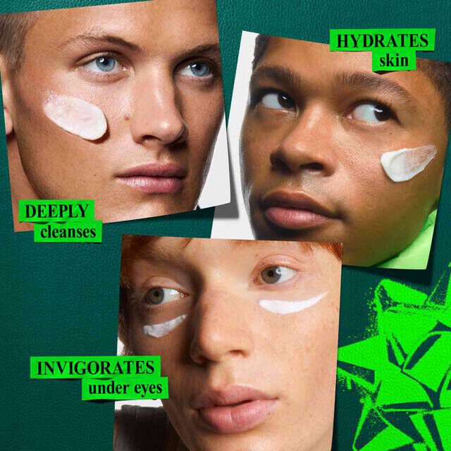 A graphic, set against a dark green background with bright green elements, displays three close-up images, each with a specific benefit highlighted. The top-left image shows a person applying cream to their cheek, with the text "DEEPLY cleanses." The top-right image shows a person applying cream to their cheek, accompanied by the text "HYDRATES skin." The bottom-center image depicts a person with cream applied under their eyes, labeled with the text "INVIGORATES under eyes." A bright green graphic bow is present in the background.